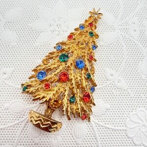 Vintage Retro 60s Arthur Pepper ART Christmas Tree Gold Tone Rhinestones Brooch